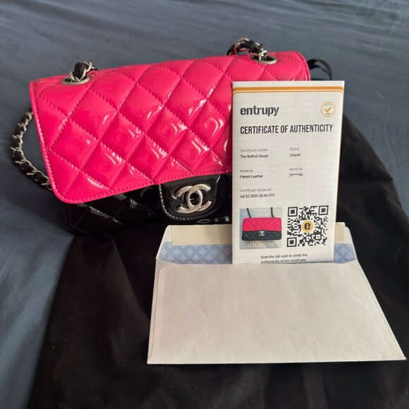Chanel Patent Calfskin Quilted Bi-Color Mini Rectangular Flap Pink Black - Picture 4 of 8